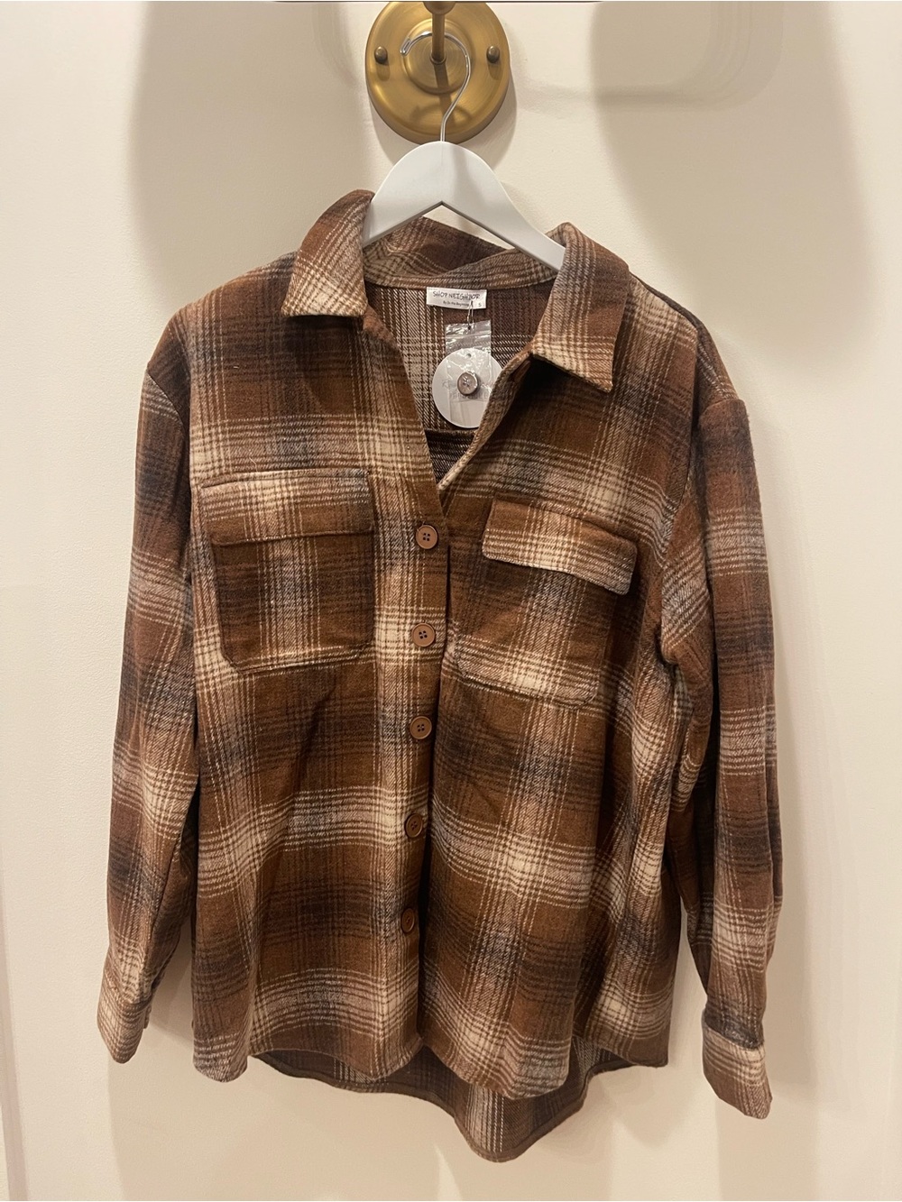 Brown Plaid Button-Down Shirt Jacket